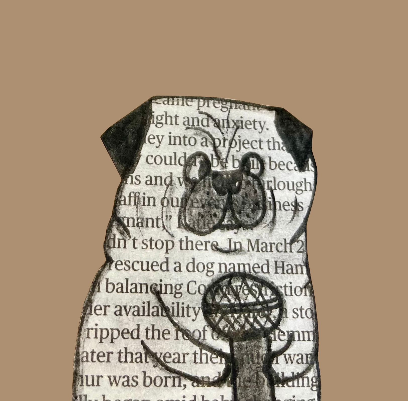 Hand-drawn pug collage made from newspaper text, holding a microphone on a warm brown background.